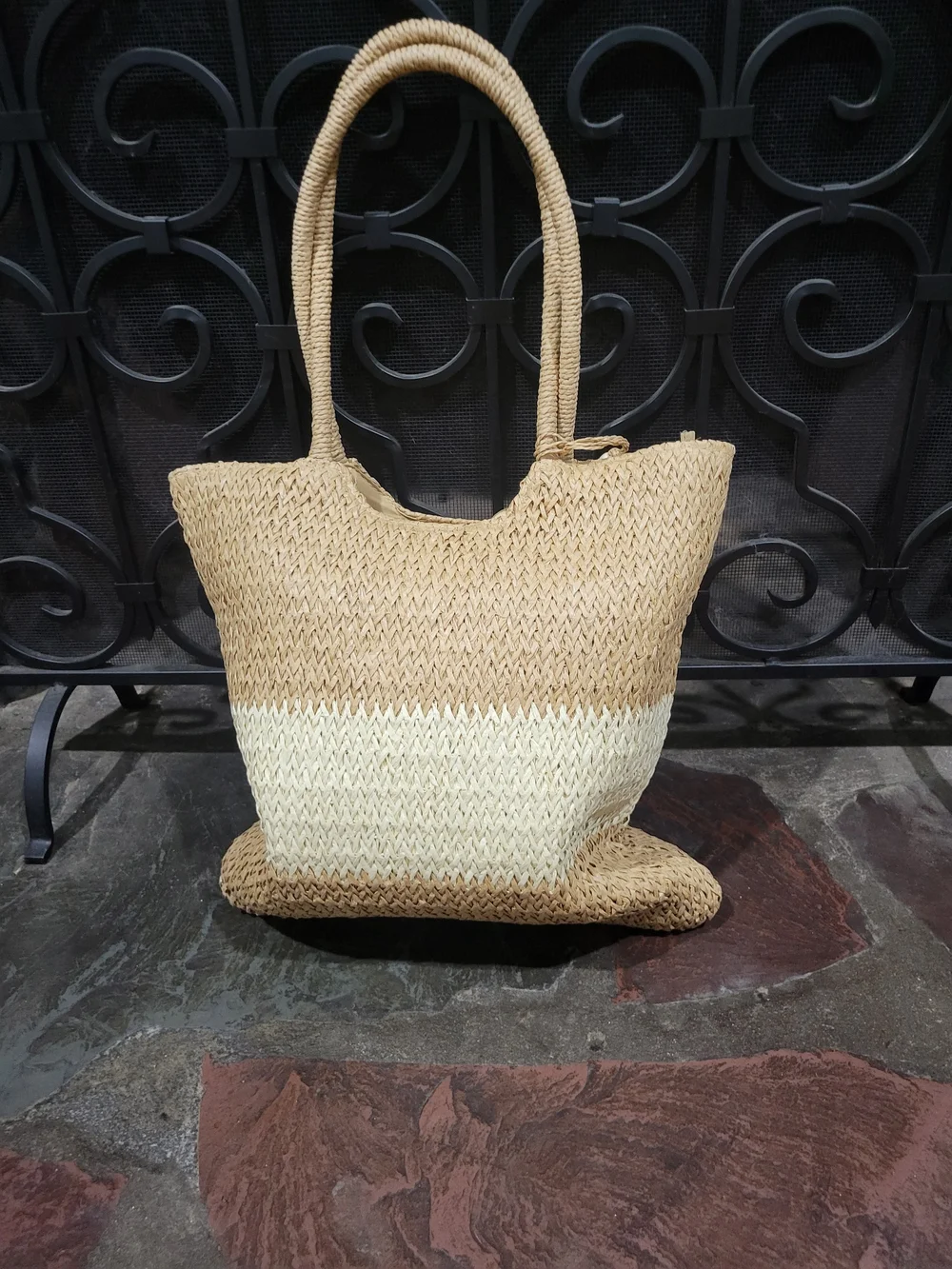Natural Two-Tone Straw Tote with Tassel